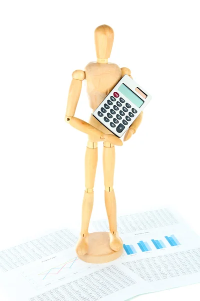 Wooden mannequin with calculator isolated on white — Stock Photo, Image