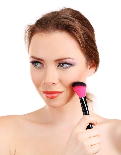 Portrait of beautiful woman with make-up brush for powder, isolated on white — Stock Photo, Image