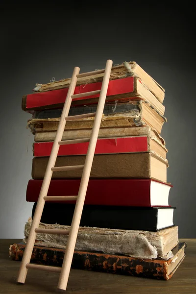 Staré knihy a dřevěný žebřík, na šedém pozadí — Stock fotografie