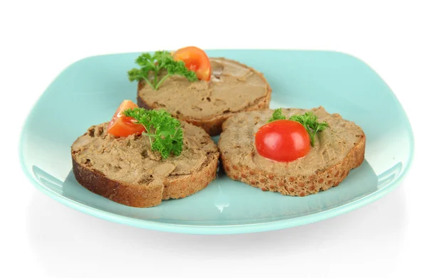 Pan tostado con paté en placa de color, aislado en blanco —  Fotos de Stock