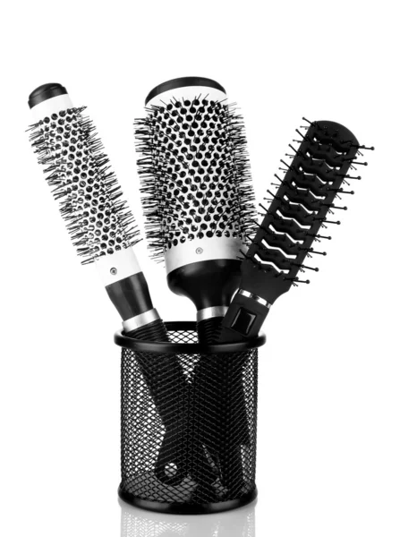 Iron basket with round hair brushes, isolated on white — Stock Photo, Image