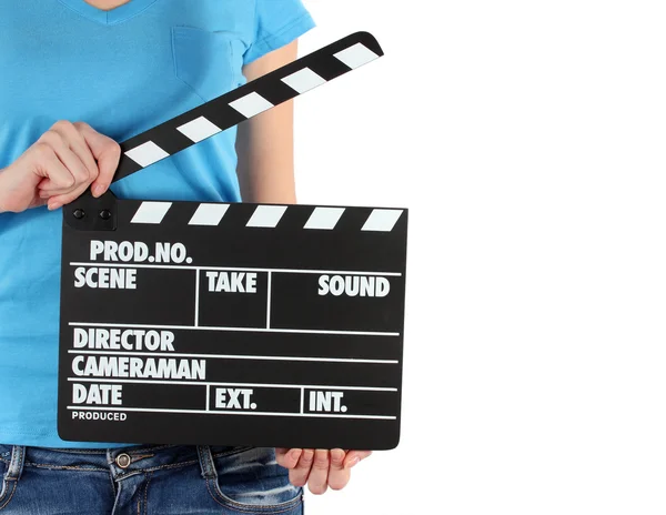 Film productie klepel board in handen geïsoleerd op wit — Stockfoto