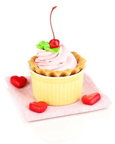 Cake with cherry in bowl for baking isolated on white — Stock Photo, Image