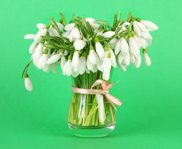 Kytice sněženka v skleněné vázy, na barvu pozadí — Stock fotografie