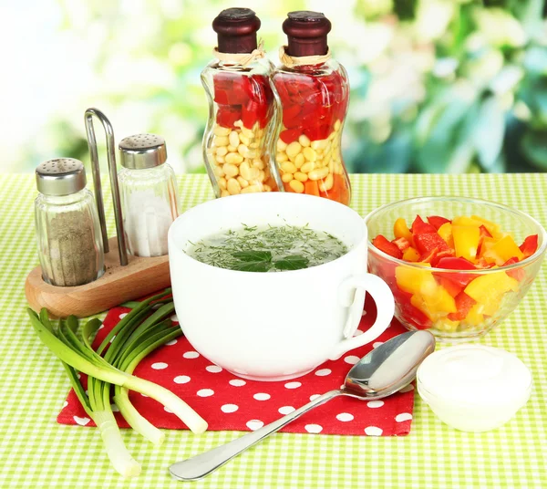 Sopa fragante en taza en la mesa en el jardín —  Fotos de Stock