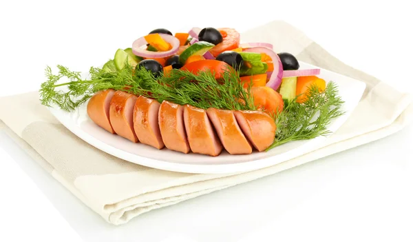 Grilled sausage with fresh salad isolated on white — Stock Photo, Image