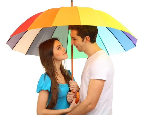 愛情のあるカップル立って白で隔離される傘 — ストック写真
