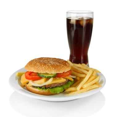 Tasty cheeseburger with fried potatoes and cold drink, isolated on white clipart
