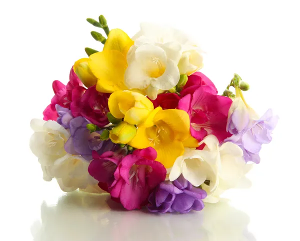 Beautiful bouquet of freesias, isolated on white — Stock Photo, Image