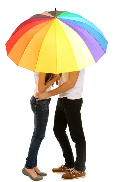 Loving couple standing with umbrella isolated on white — Stock Photo, Image