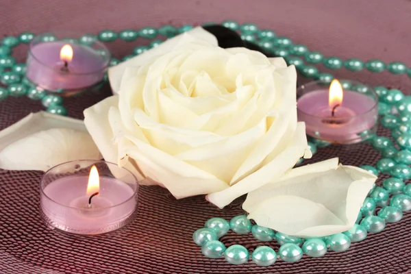 Piedras de spa con flores y velas en agua en el plato — Foto de Stock