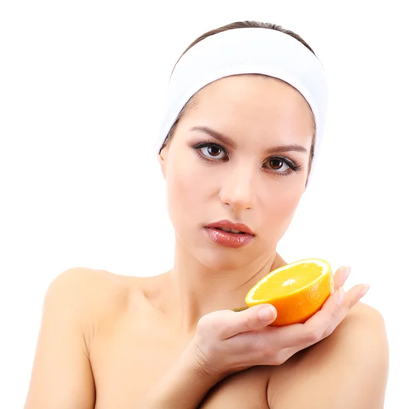 Young woman with fruit.Concept: Facial fruit masks. Isolated on white — Stock Photo, Image