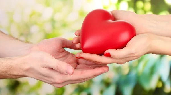 Corazón rojo en manos de hombre y mujer, sobre fondo verde — Foto de Stock