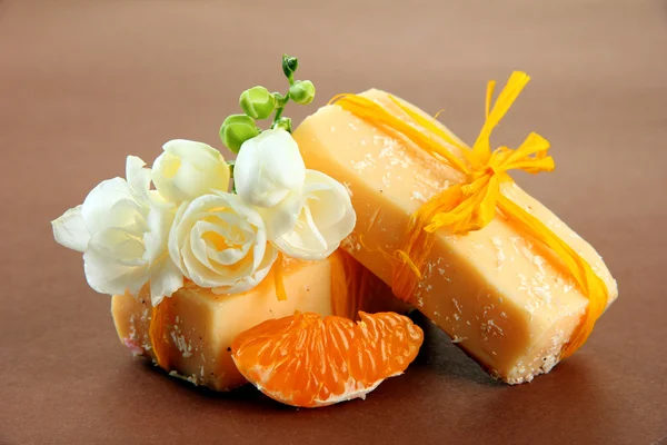 Natural fruit handmade soap, on brown background — Stock Photo, Image