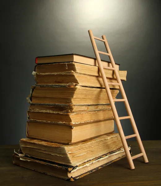 古い書籍や灰色の背景上の木製はしご — ストック写真