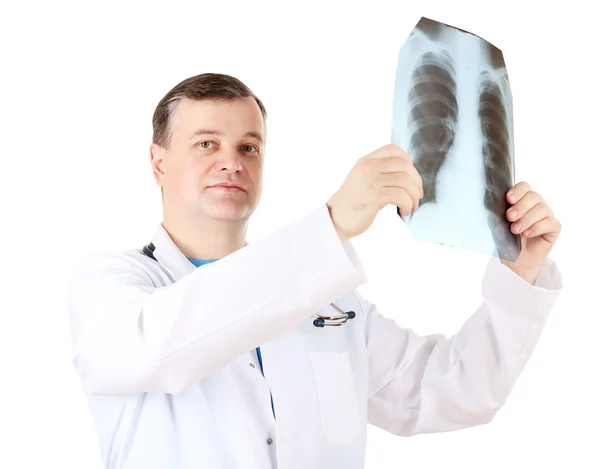 Medical doctor analysing x-ray image isolated on white — Stock Photo, Image