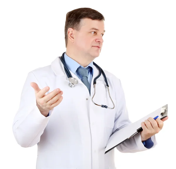 Medical doctor with stethoscope and clipboard isolated on white — Stock Photo, Image