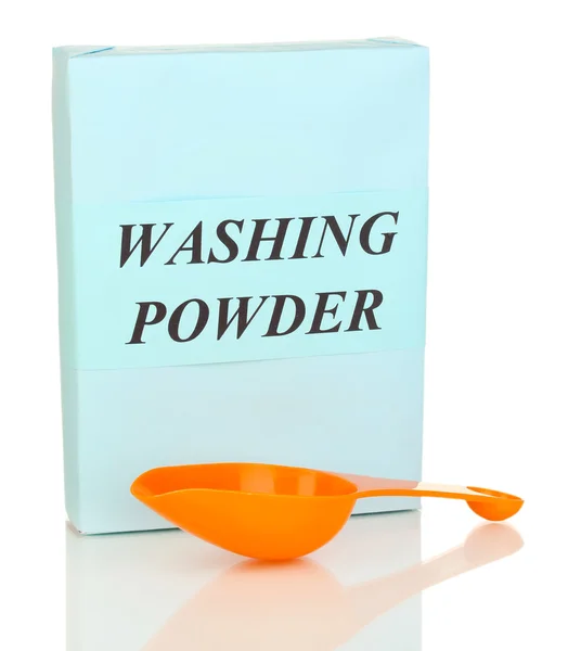 Washing powder and measuring cup isolated on white — Stock Photo, Image