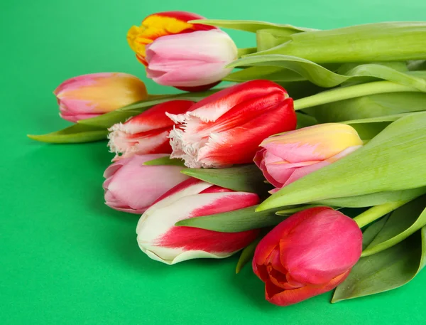Mooie tulpen in emmer op groene achtergrond — Stockfoto