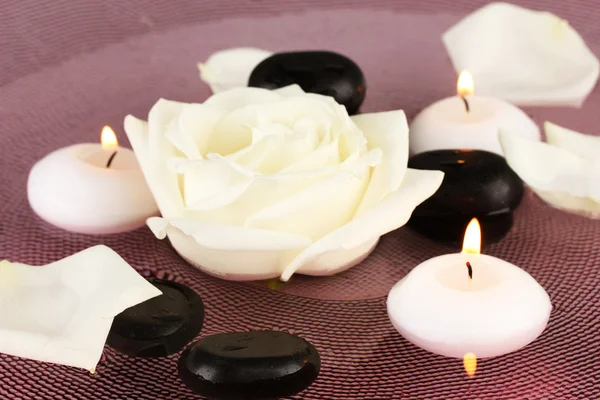 Курортные камни с цветами и свечами в воде на тарелке — стоковое фото