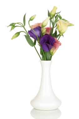 eustoma üzerinde beyaz izole Vazoda Çiçekler buket