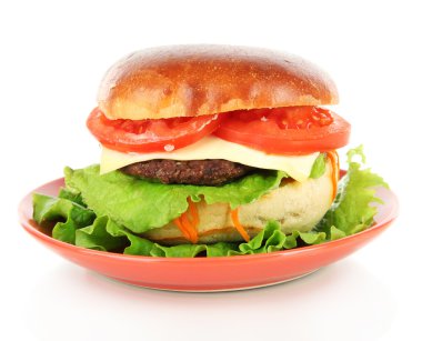 büyük ve lezzetli hamburger plaka üzerinde beyaz izole