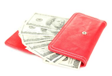 çanta üzerinde beyaz izole yüz dolarlık banknot ile