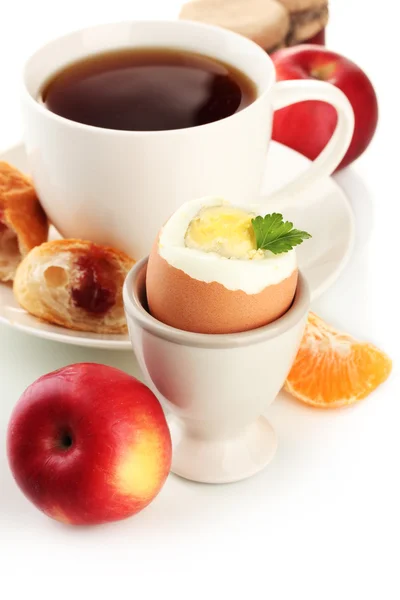 Light breakfast with boiled egg and cup of coffee, isolated on white — Stock Photo, Image