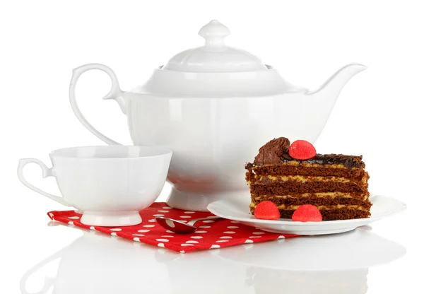 Teapot, cup of tea and delicious cake isolated on white — Stock Photo, Image