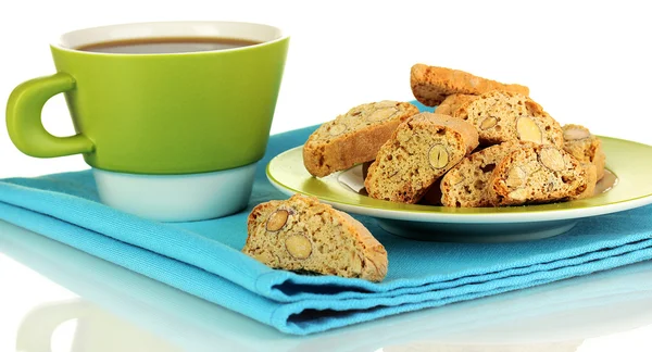 Aromatic cookies cantuccini and cup of coffee isolated on white — Stock Photo, Image