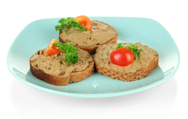 Pão torrado com patê na placa de cor, isolado em branco — Fotografia de Stock