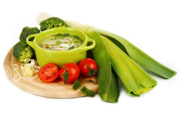 Diet soup with vegetables in pan isolated on white — Stock Photo, Image