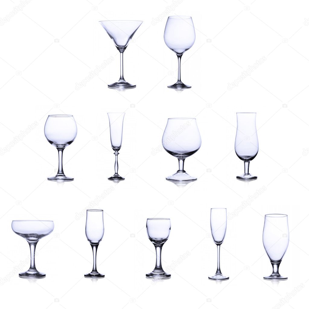 collection of empty glasses isolated on white background