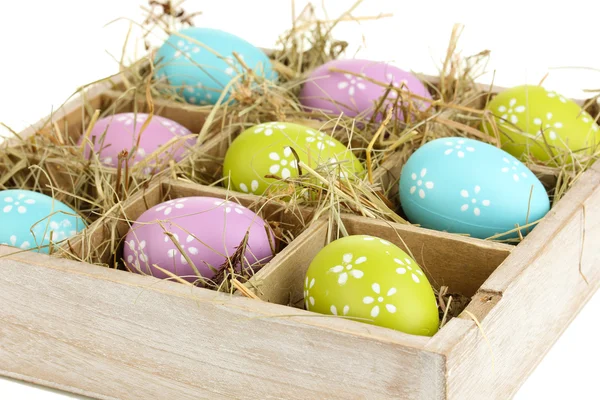 Easter eggs in wooden basket close up — Stok fotoğraf