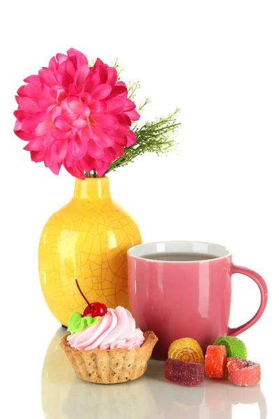 Cup of tea with candy,cake and flower isolated on white — Stock Photo, Image