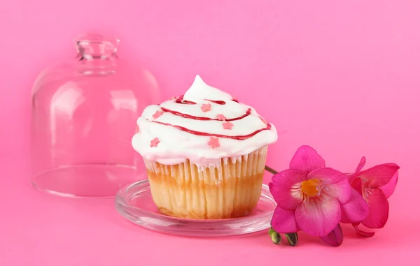 Cupcake στο πιατάκι με γυάλινο κάλυμμα, σε φόντο χρώμα — Φωτογραφία Αρχείου