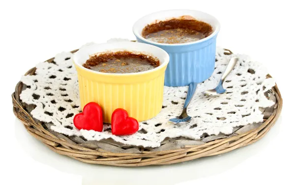 Chocolate pudding in bowls for baking isolated on white — Stock Photo, Image
