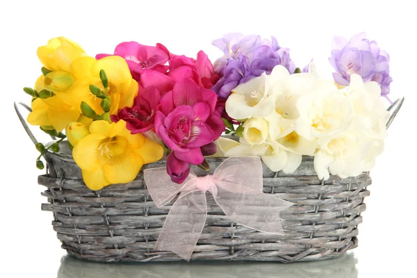 Beautiful bouquet of freesias in basket, isolated on white — Stock Photo, Image
