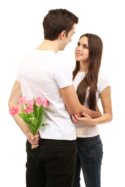 Loving couple with tulips isolated on white — Stock Photo, Image