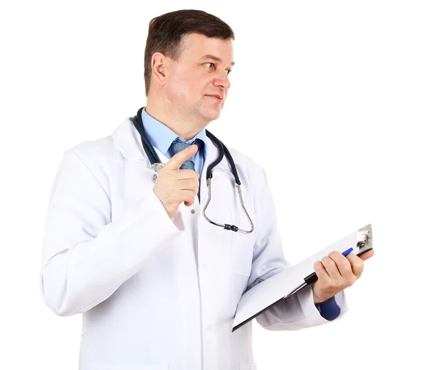 Medical doctor with stethoscope and clipboard isolated on white Stock Photo