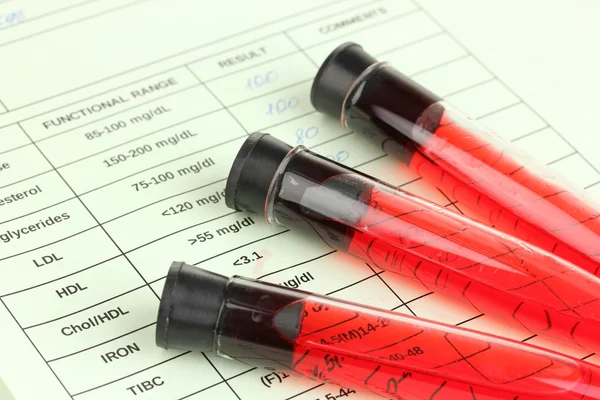 Blood in test tubes and results close up — Stock Photo, Image