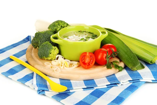 Diet soup with vegetables in pan isolated on white — Stock Photo, Image