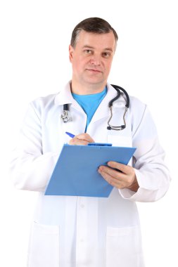 tıbbi doktor stetoskop ve üzerinde beyaz izole Pano