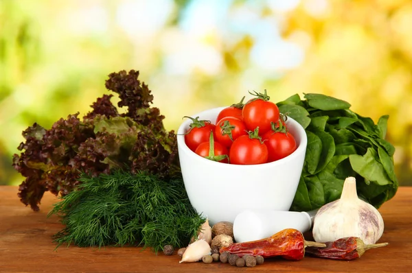 Composição de argamassa, especiarias, tomates e ervas verdes, sobre fundo brilhante — Fotografia de Stock