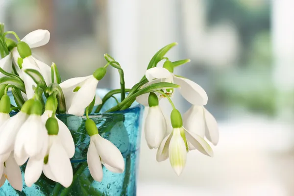 Bouquet of snowdrop flowers in glass vase, on bright background — Stock Photo, Image