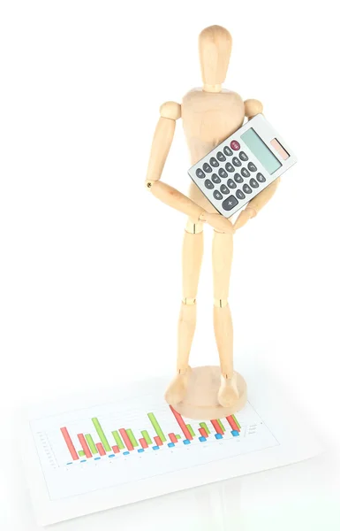 Wooden mannequin with calculator isolated on white — Stock Photo, Image