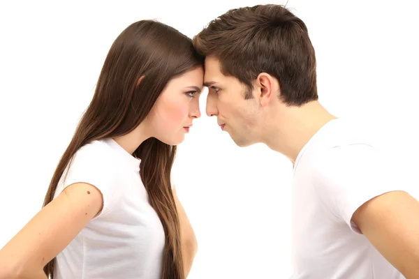 Jovem casal brigando isolado no branco — Fotografia de Stock