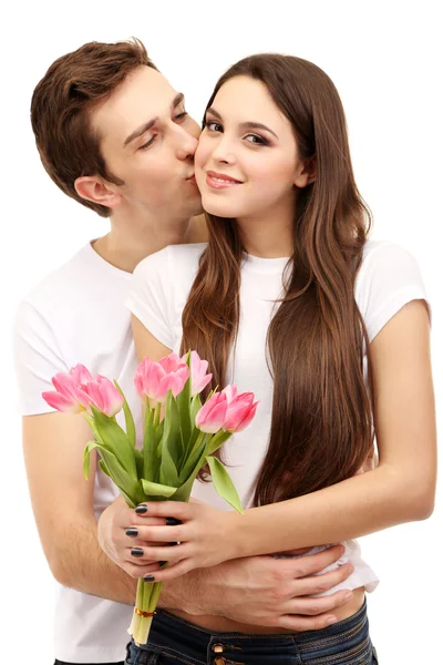 Casal amoroso com tulipas isoladas em branco — Fotografia de Stock