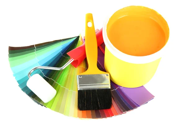 Set for painting: paint pot, brushes, paint-roller and colored palette isolated on white — Stock Photo, Image