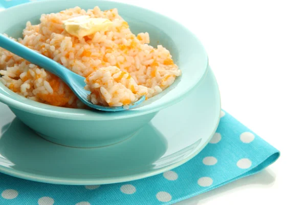 Smaak rijst pap met pompoen in blauwe kom, geïsoleerd op whit — Stockfoto